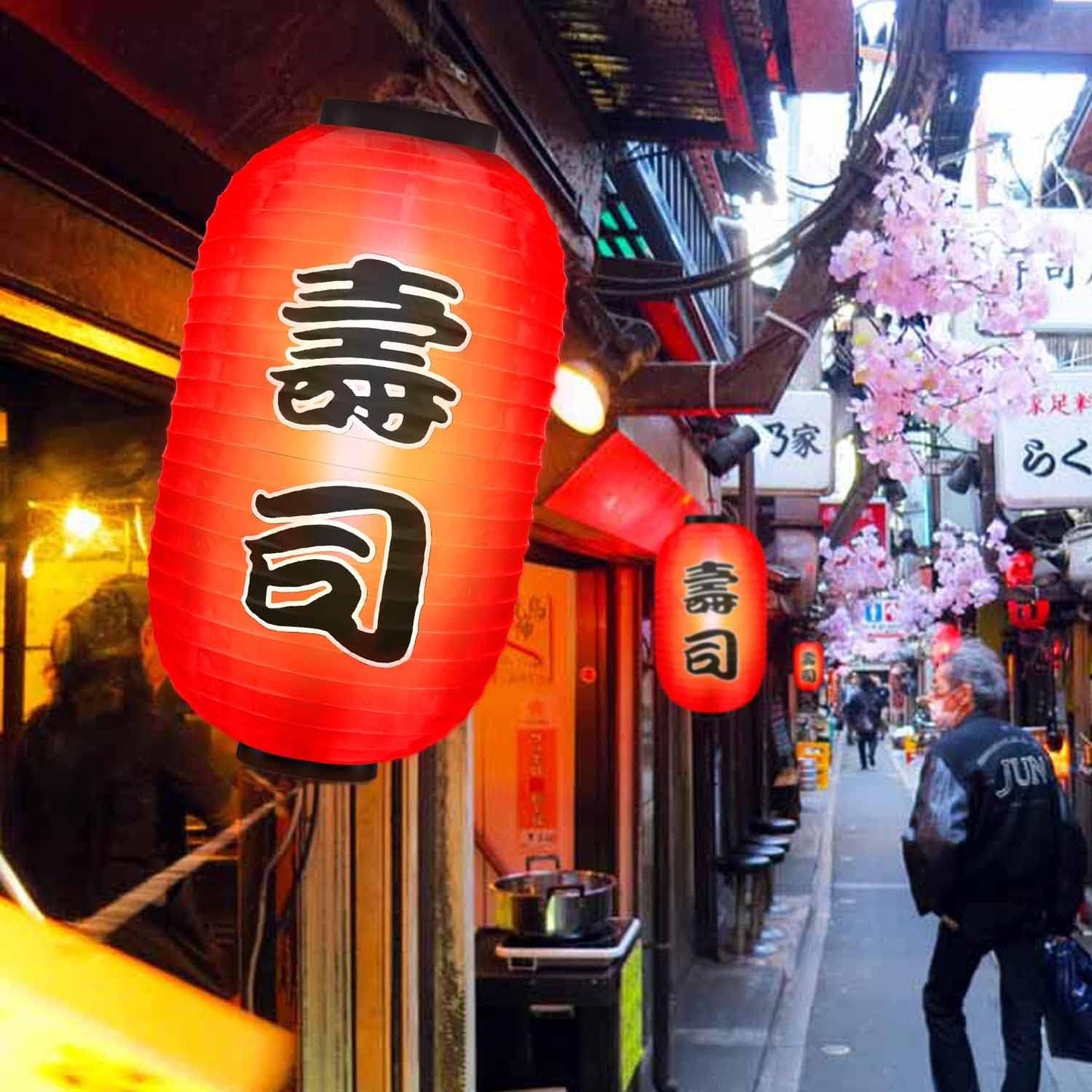 Traditional Japanese Style Red Silk Hanging Sushi Bar Lantern 10X18 Inch, Set of 4 Waterproof Festive Indoor Outdoor Lanterns Home Yard Sushi Ramen Restaurant Decoration