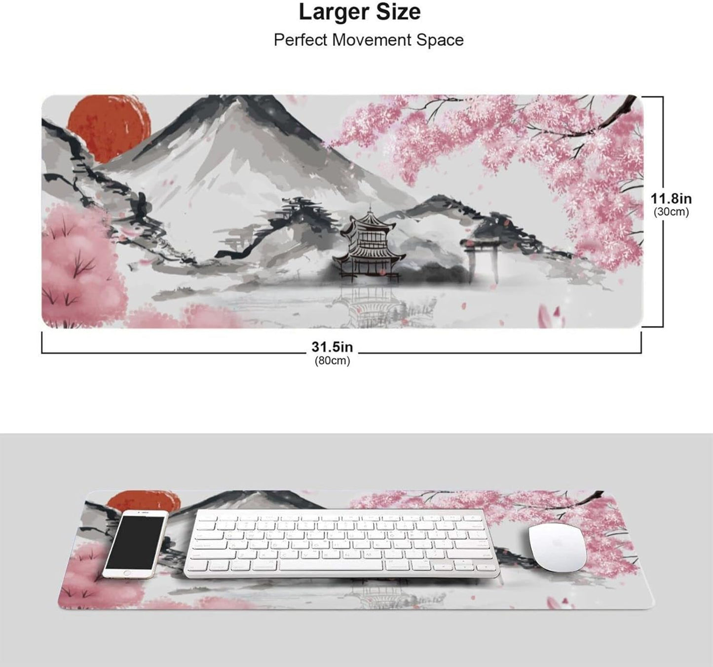 Japanese Mouse Pad Cherry Blossom Gaming Mouse Pad Sakura Extended XL Mousepad Non Slip Stitched Edges Office Desk Pad 31.5 X 11.8 Inch
