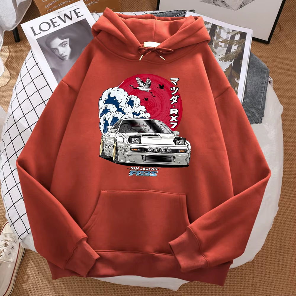 Japanese Car Waves Crane Red Sun Prints Hoody Men Fashion Oversize Sweatshirt Autumn Pocket Warm Hooded Hipster Soft Streetwear