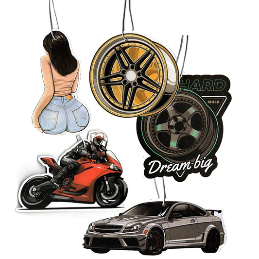 Automotive-themed hanging car air freshener with tuner-style artwork